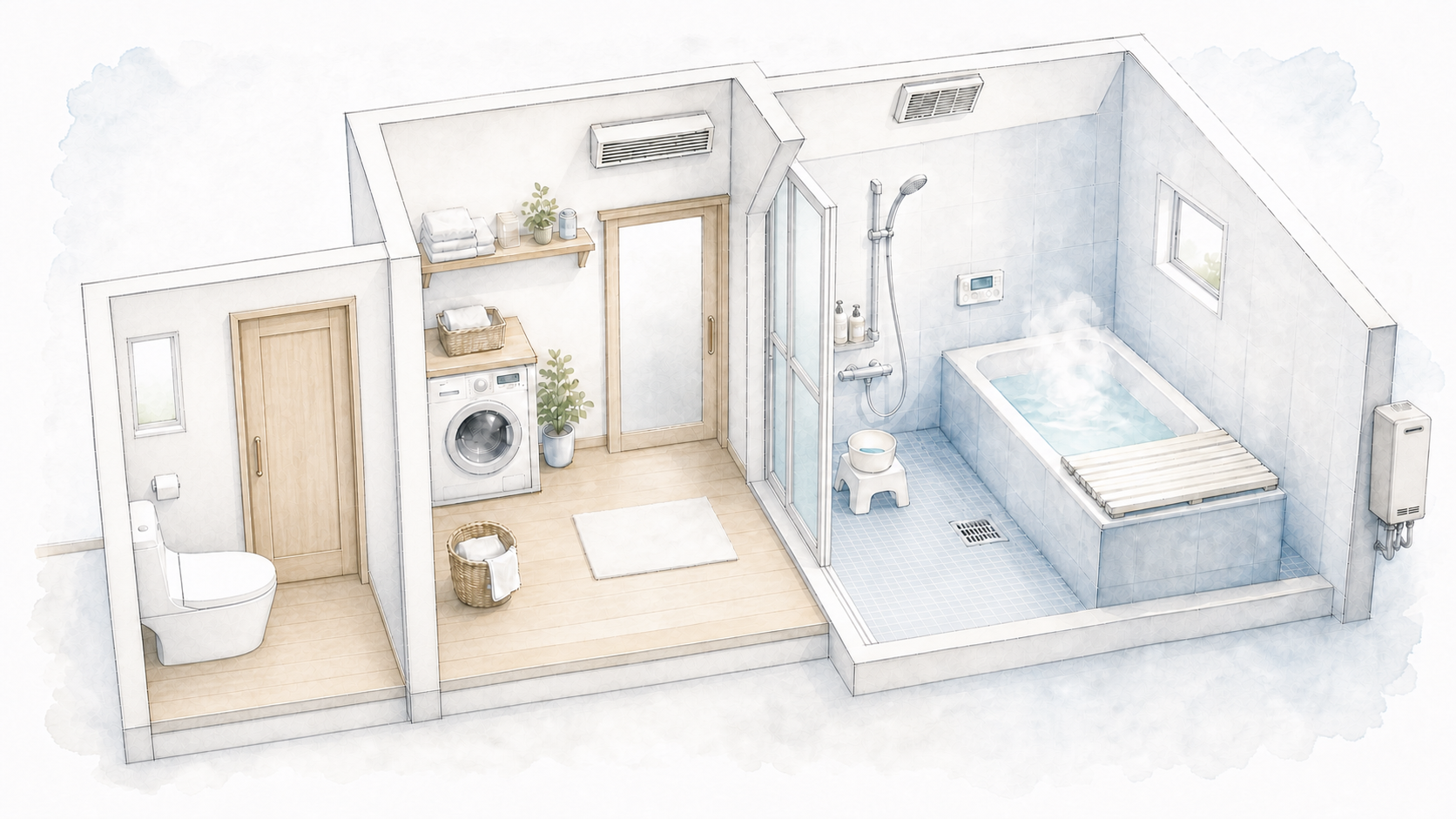 Architectural watercolor cutaway showing a separate toilet, adjacent changing and laundry room, waterproof washing area, deep soaking tub, controls, ventilation and exterior tankless water heater