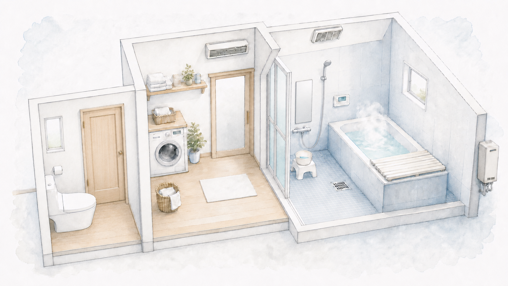 Architectural watercolor cutaway showing a separate toilet, adjacent changing and laundry room, waterproof washing area, deep soaking tub, controls, ventilation and exterior tankless water heater